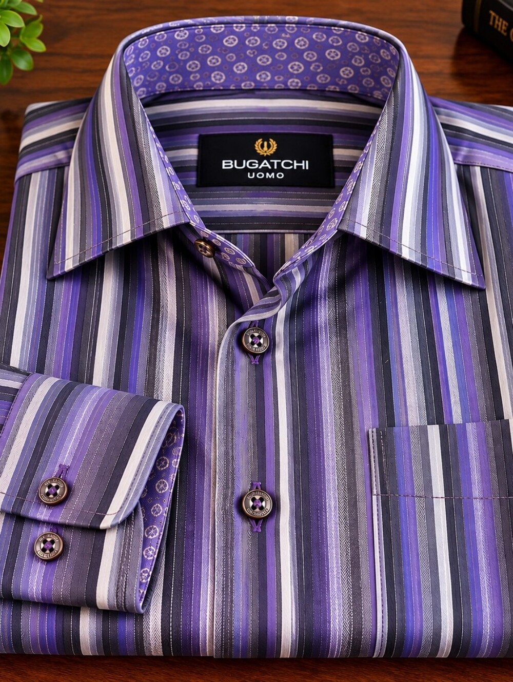 BUGATCHI UOMO Mens M Dress Shirt Purple Stripe Paisley Cuff Long Sleeve